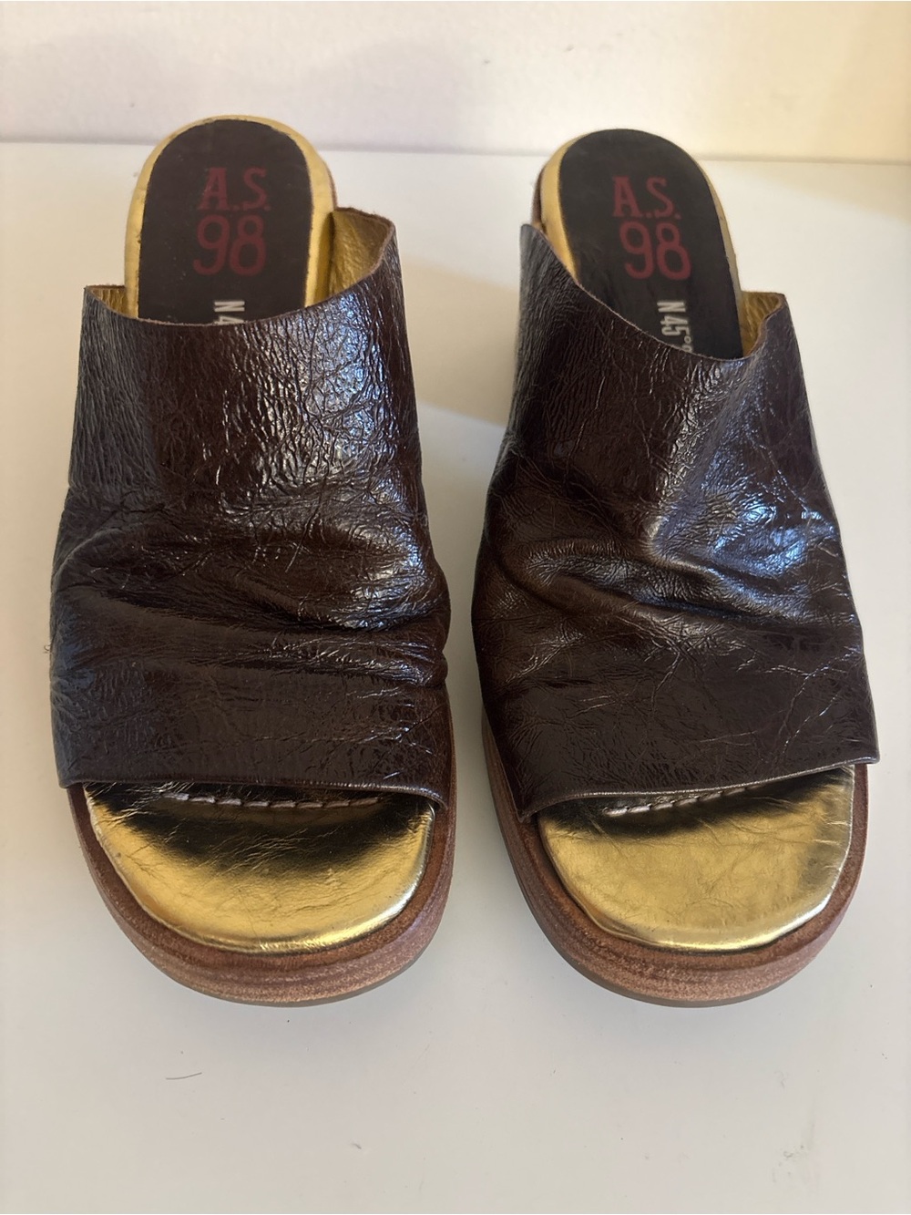A.S.98 Brown Leather Open-Toe Mules with Gold Insole